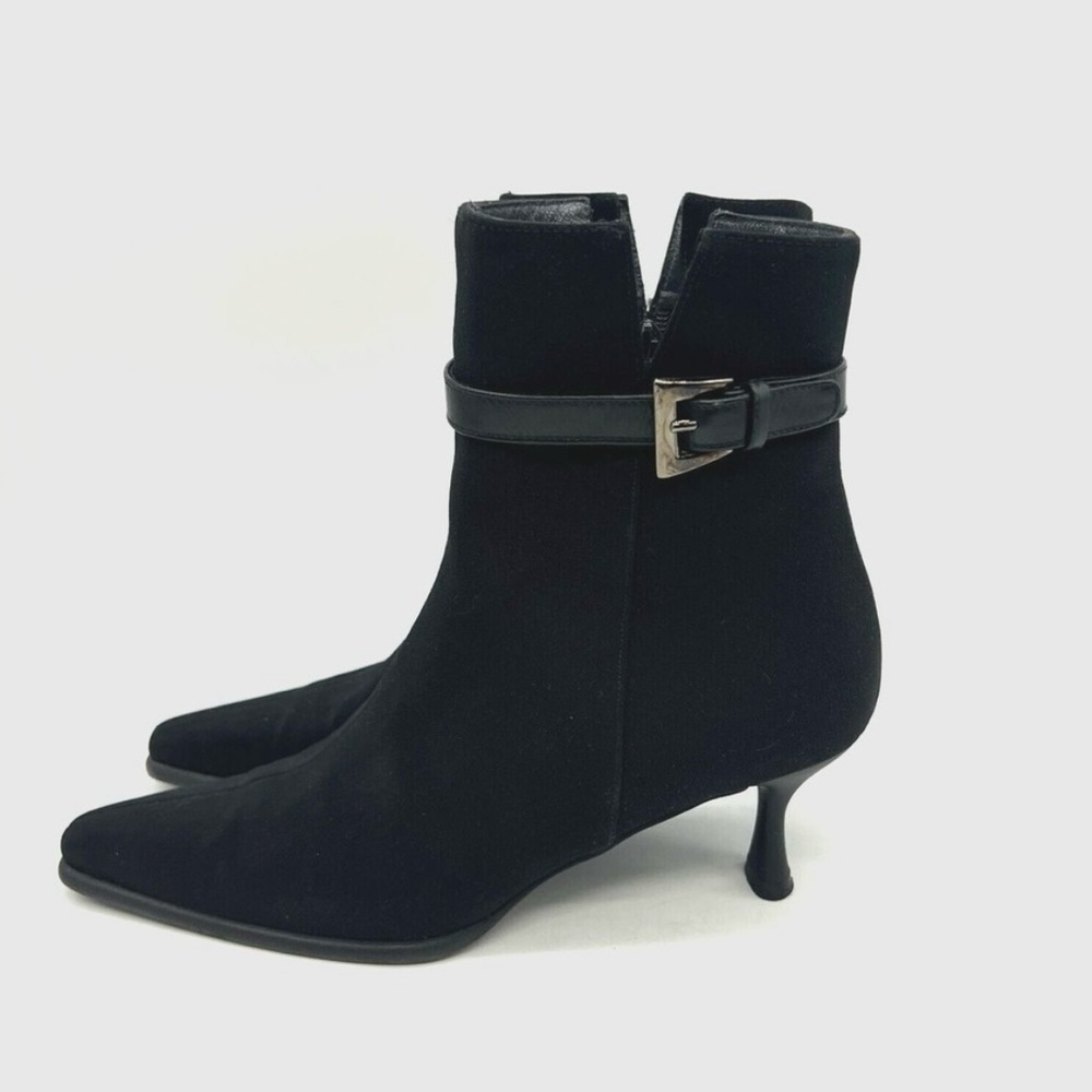 Stuart Weitzman Black Nylon Leather Buckle Kitten Heel Pointed Toe Ankle Boots 7